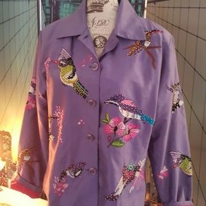 Silk jacket purple embroidered beaded hummingbirds